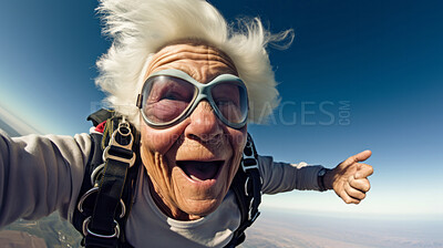 Buy stock photo Selfie of a skydiving senior woman. Extreme sport fun retirement adventure