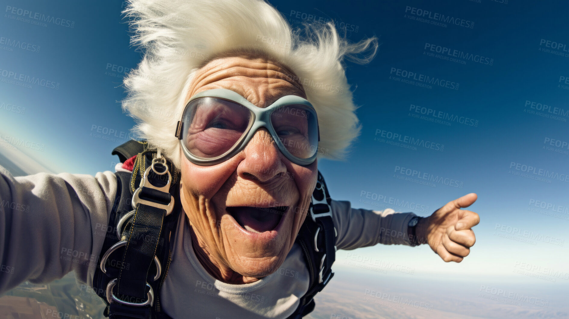 Buy stock photo Selfie of a skydiving senior woman. Extreme sport fun retirement adventure