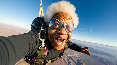 Buy stock photo Selfie of a skydiving senior woman. Extreme sport fun retirement adventure