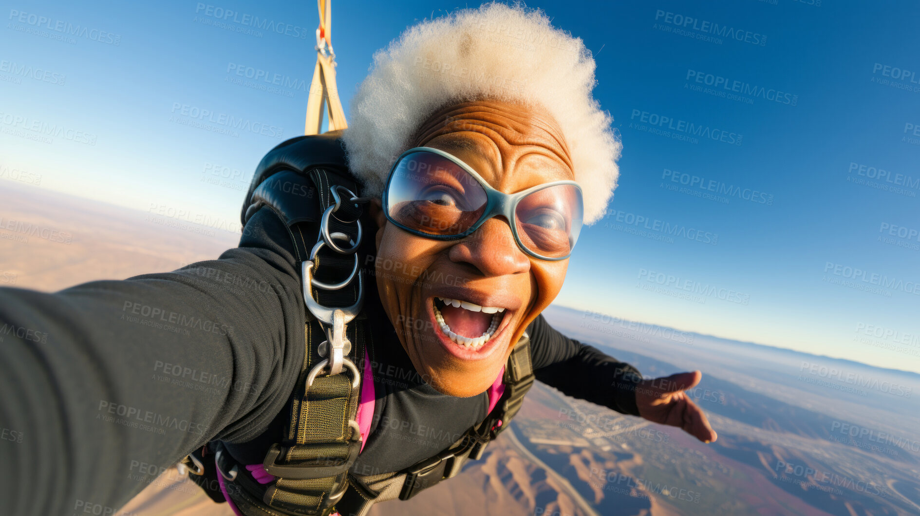 Buy stock photo Selfie of a skydiving senior woman. Extreme sport fun retirement adventure