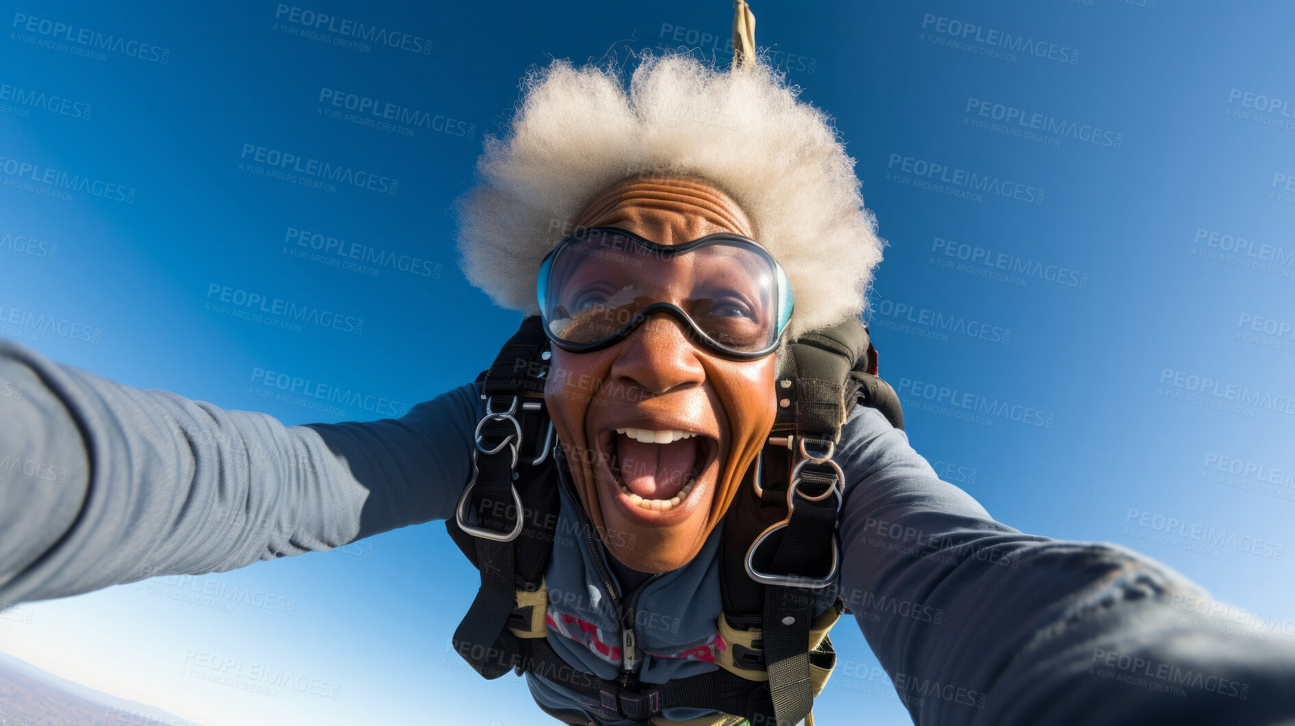 Buy stock photo Selfie of a skydiving senior woman. Extreme sport fun retirement adventure