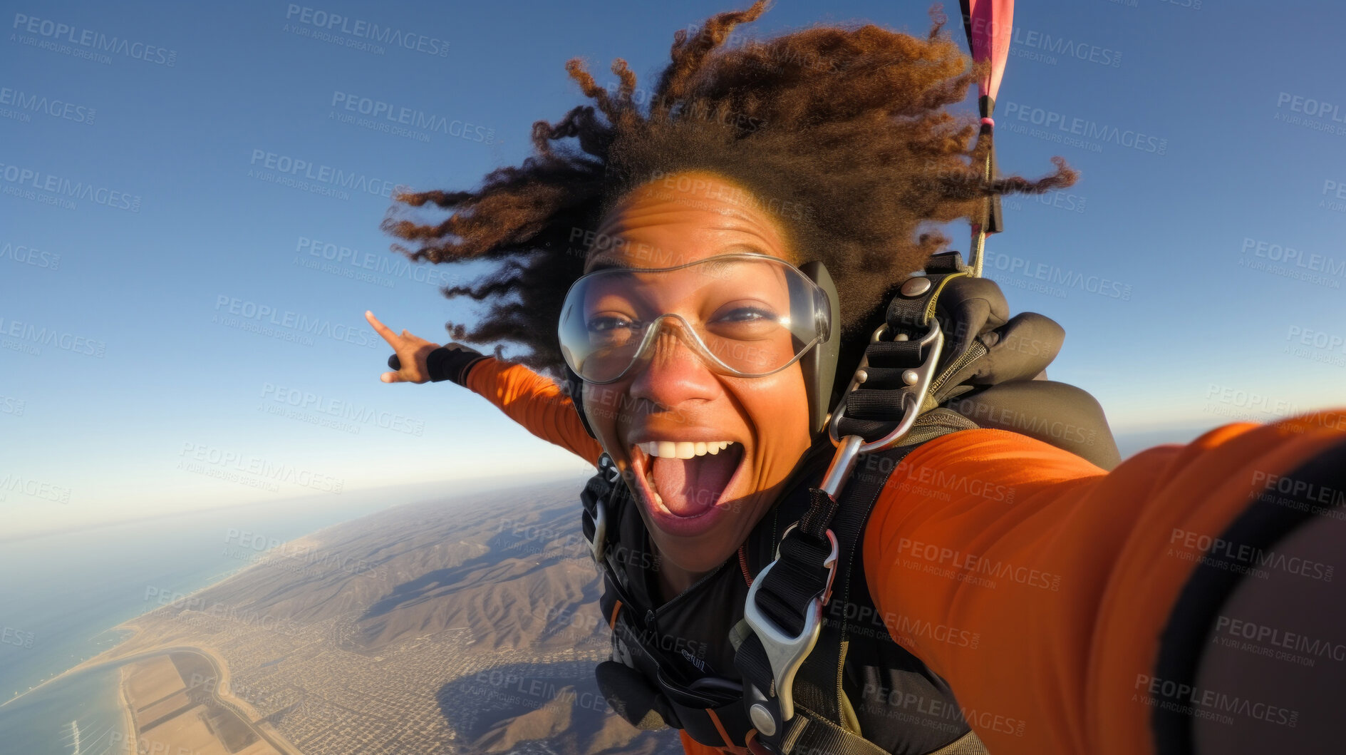 Buy stock photo Selfie of a skydiving woman. Active life extreme sport fun adventure