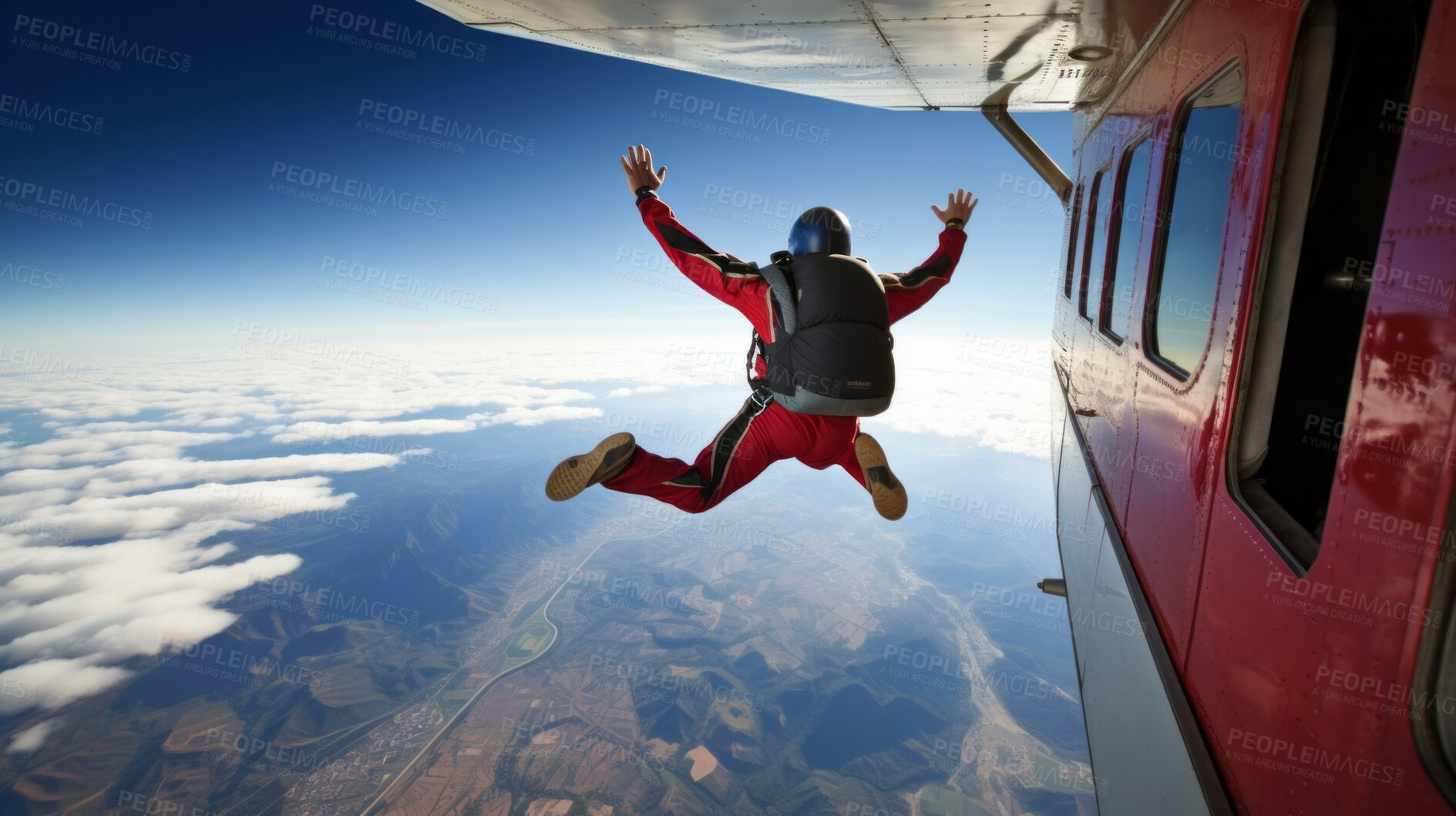 Buy stock photo Man jumping our of plane for skydiving. Extreme sport fun adventure