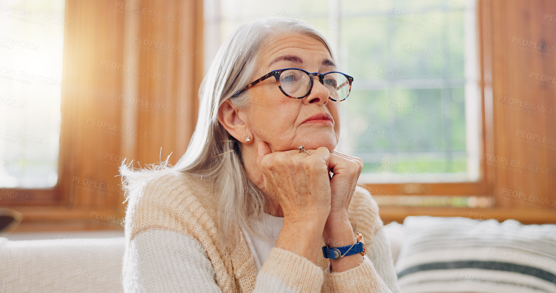 Buy stock photo Breathe, calm and senior woman on sofa in the living room for peaceful meditation exercise. Relax, health and portrait of elderly female person in retirement breathing in the lounge of modern home.