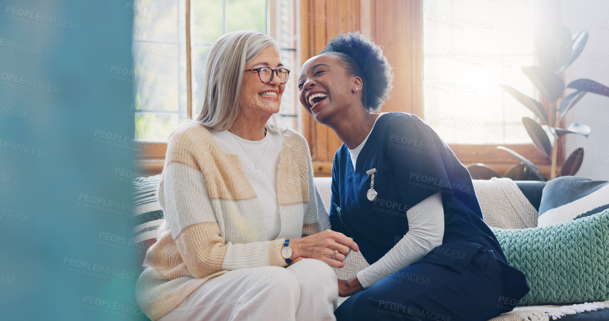 Buy stock photo Senior patient, funny or happy caregiver talking for healthcare support at nursing home clinic. Smile, women laughing or nurse speaking of joke to a mature person or woman in a friendly conversation