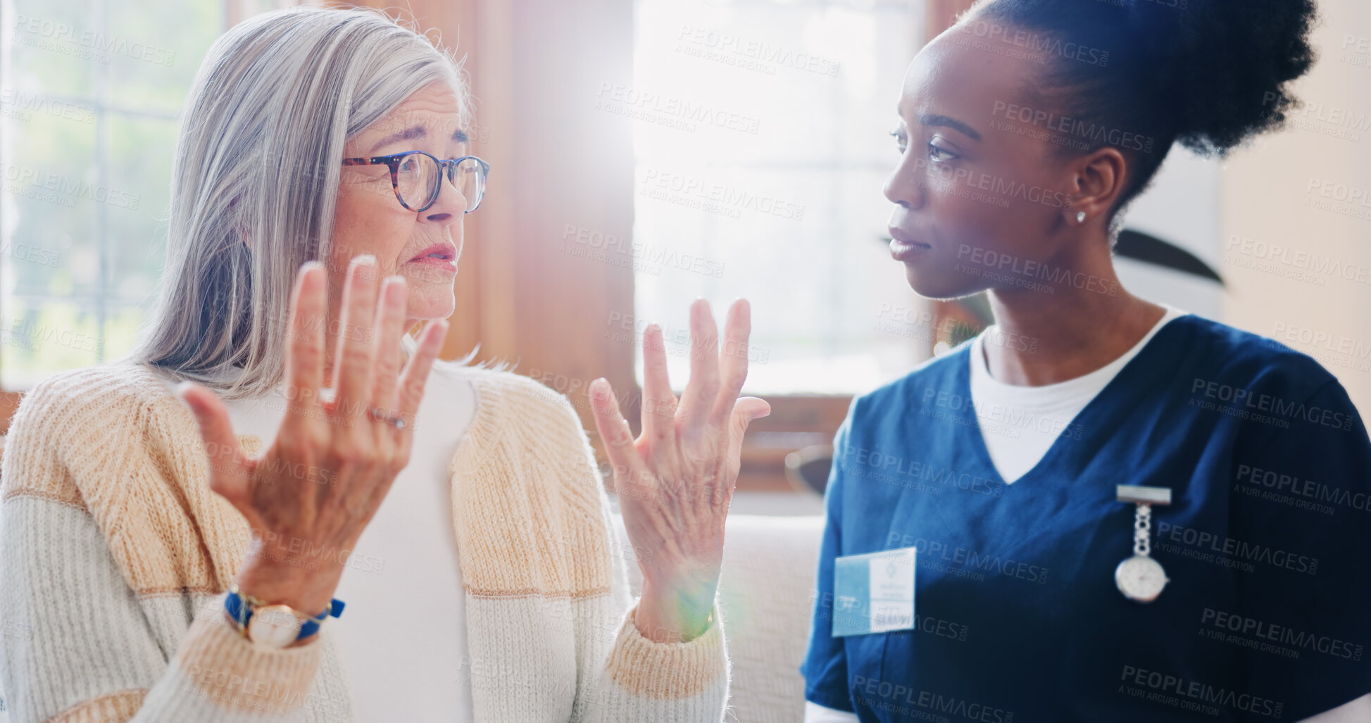 Buy stock photo Mature, sad woman or nurse with empathy or results in consultation for bad news or cancer disease. Stress, depression or caregiver with a crying senior patient for support, sympathy or help in home