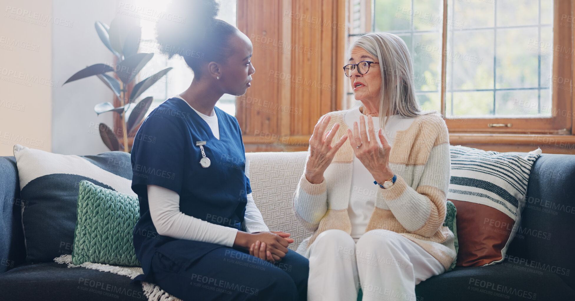 Buy stock photo Senior, sad woman or caregiver with empathy or results in consultation for bad news or cancer disease. Stress, crying or nurse with a depressed patient for nursing support, sympathy or help in home