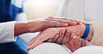 Senior patient, holding hands or consulting a nurse for support or empathy for healthcare help. Closeup, psychology or elderly person in counselling with calm caregiver in nursing home for therapy