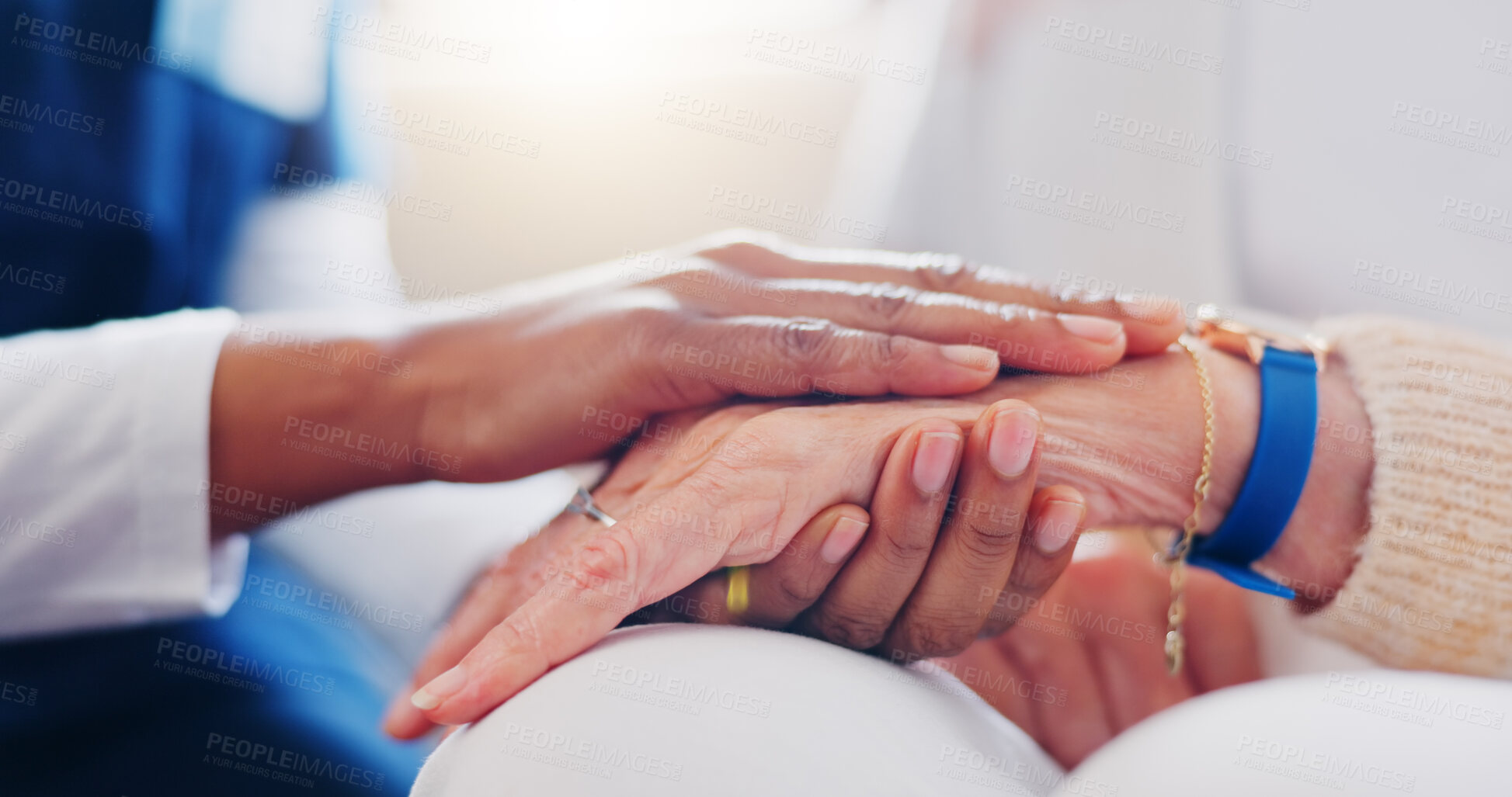 Buy stock photo Senior patient, holding hands or consulting a nurse for support or empathy for healthcare help. Closeup, psychology or elderly person in counselling with calm caregiver in nursing home for therapy