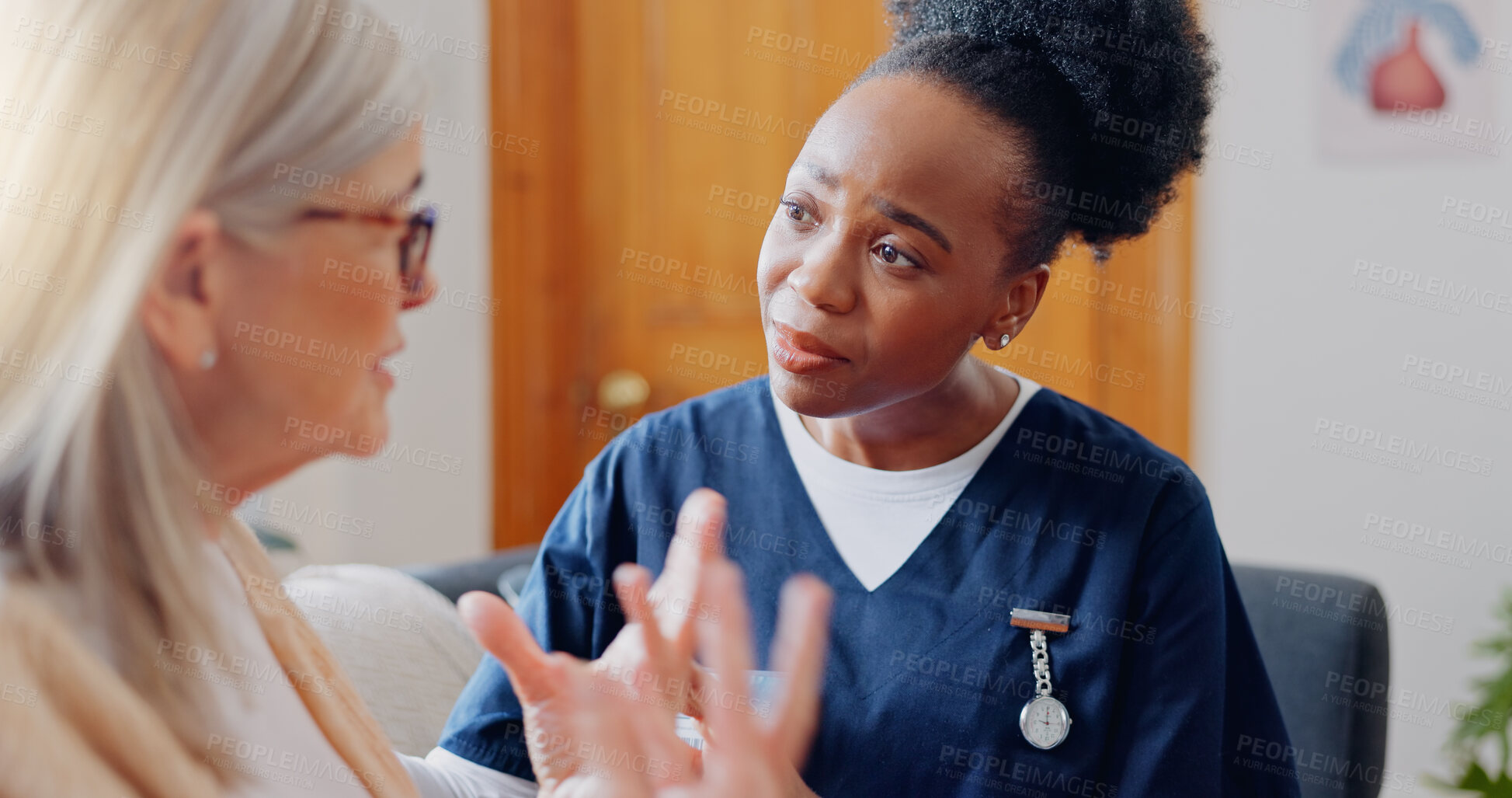 Buy stock photo Frustrated, sad woman speaking or nurse with results in consultation for bad news or cancer. Stress, lady talking or caregiver with a depressed mature patient for empathy, sympathy or help in home