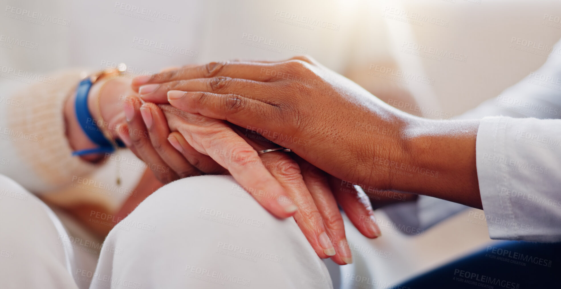 Buy stock photo Senior patient, holding hands or consulting a nurse for support or empathy for healthcare help. Closeup, psychology or elderly person in counselling with calm caregiver in nursing home for therapy