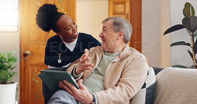 Healthcare, tablet and an elderly man with a caregiver during a home visit for medical checkup in retirement. Technology, medicine and appointment with a nurse talking to a senior patient on the sofa