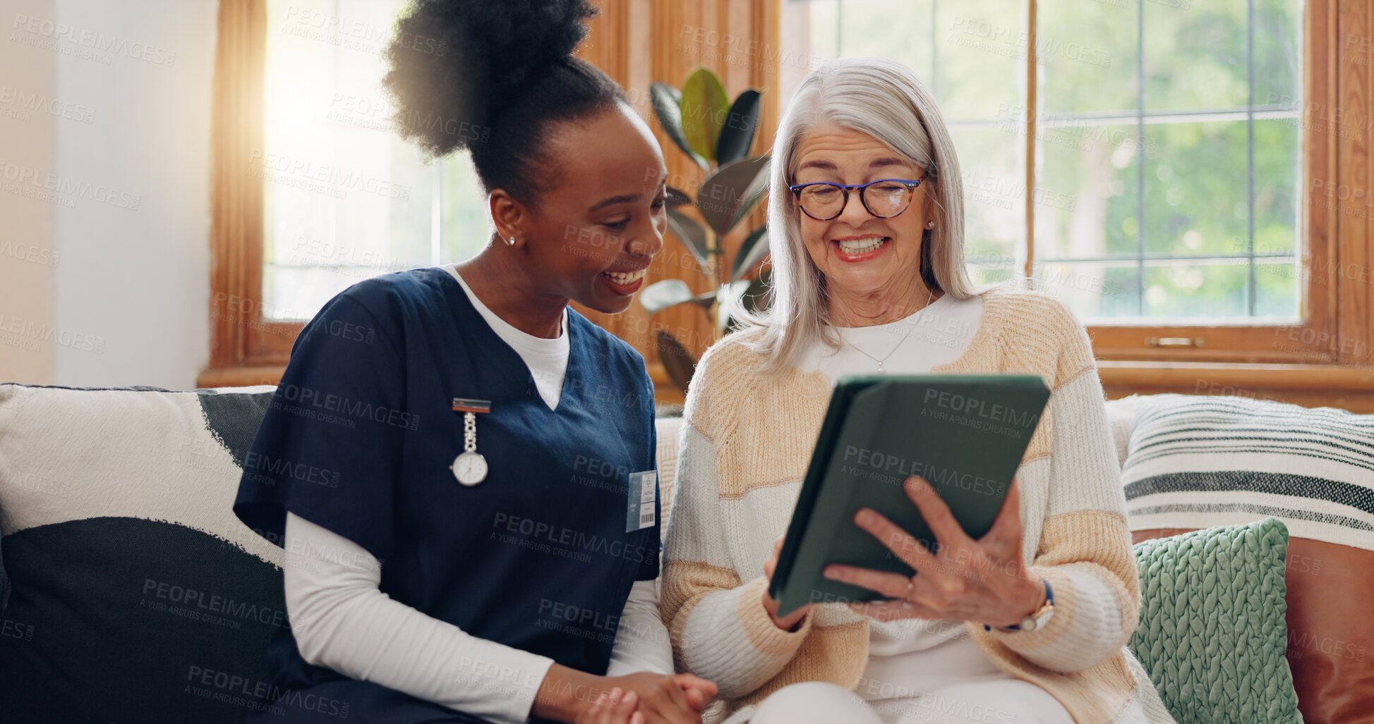 Buy stock photo Senior, woman and caregiver with tablet for consulting, medical information and health communication on sofa. Elderly, professional and nurse with touchscreen for online report, advisory and results or memories