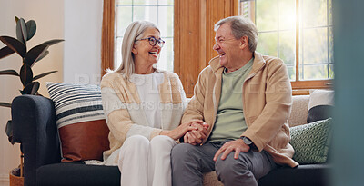 Love, relax and senior couple laughing at funny joke, enjoy quality time together and bond on home living room sofa. Retirement, smile and elderly man, woman or people happy