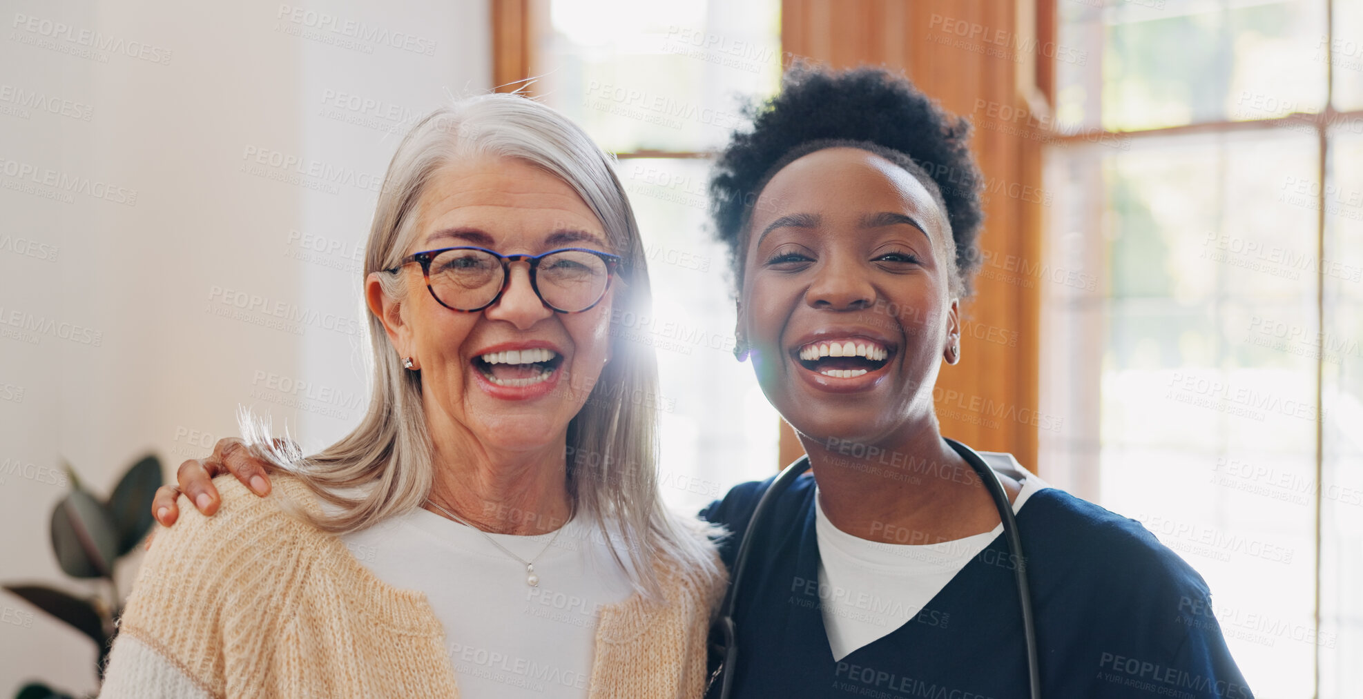 Buy stock photo Face, hug and senior woman with nurse, home and healthcare with a smile, support and worker. Portrait, African person and elderly lady embrace, apartment or bonding with help, happiness and caregiver