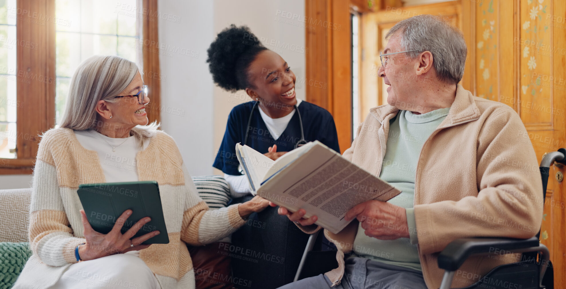 Buy stock photo Elderly care, nurse and talking in home with people reading books, news or tablet with discussion of support. Retirement, caregiver and relax in conversation or house living room with notebook