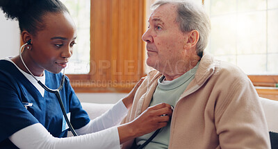 Caregiver, senior patient or breathing for healthcare service, nursing or heart check in hospital clinic. Retirement home, consulting or cardiology of elderly man or black woman for lungs or wellness