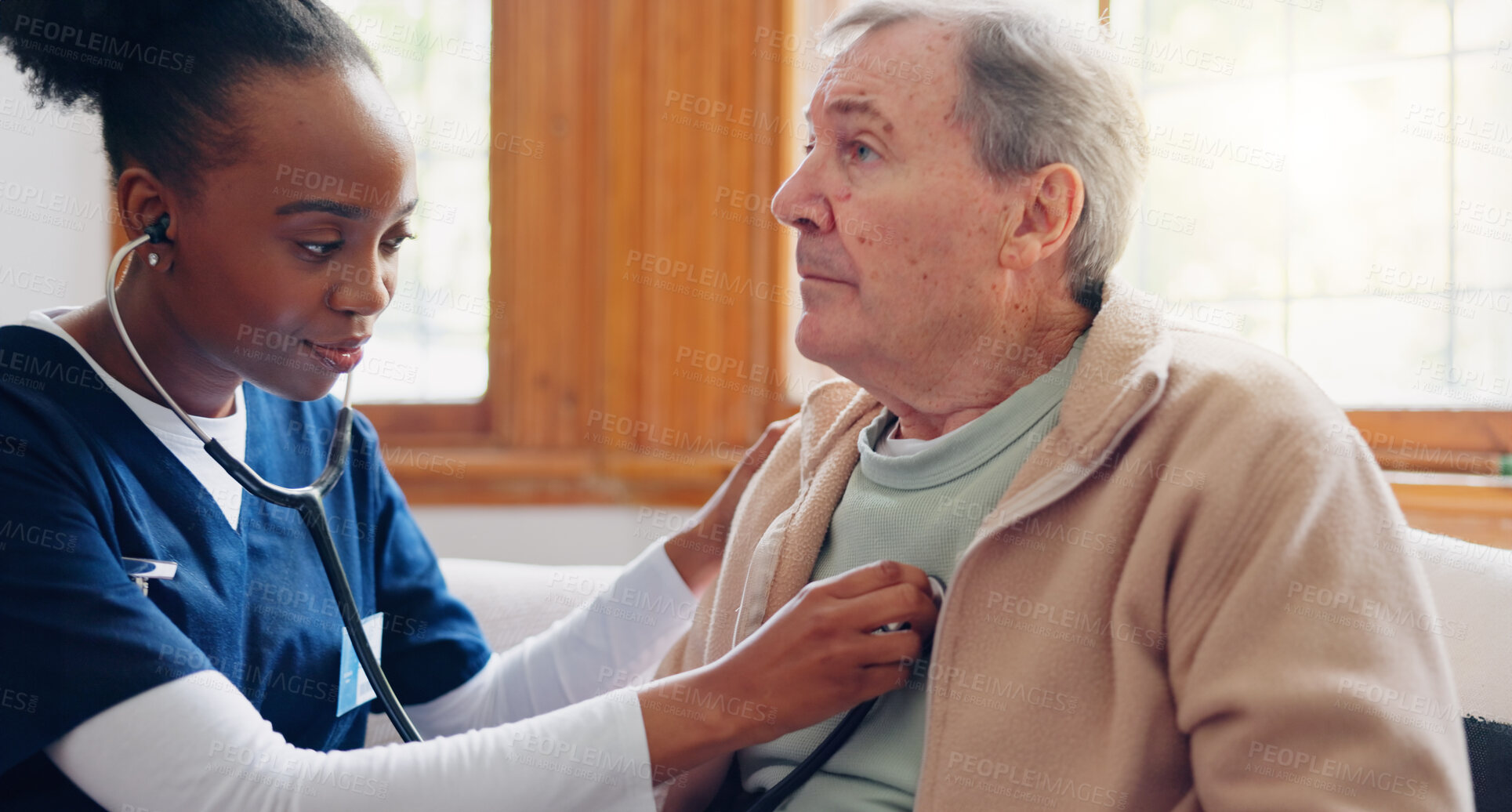 Buy stock photo Caregiver, senior patient or breathing for healthcare service, nursing or heart check in hospital clinic. Retirement home, consulting or cardiology of elderly man or black woman for lungs or wellness