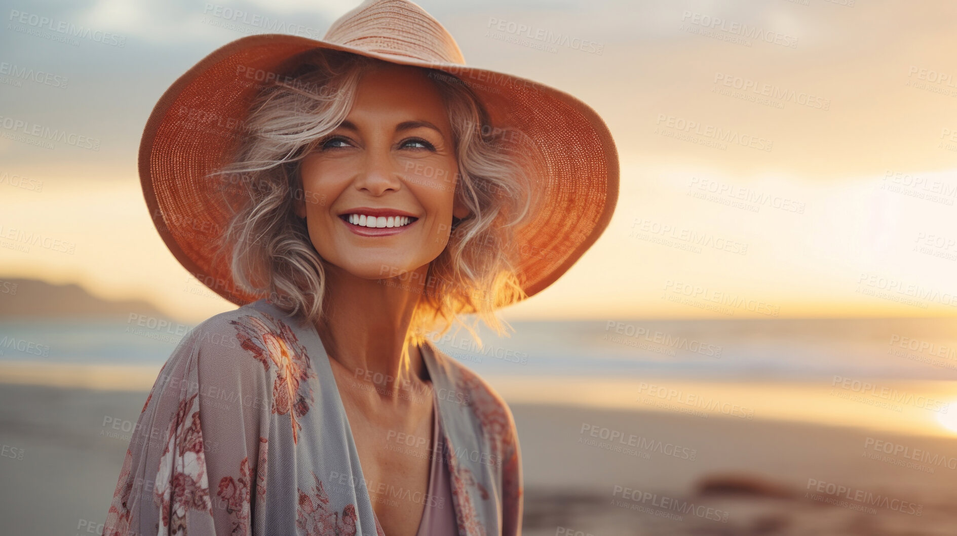 Buy stock photo Candid shot of happy senior woman on beach during sunset. Lifestyle concept.