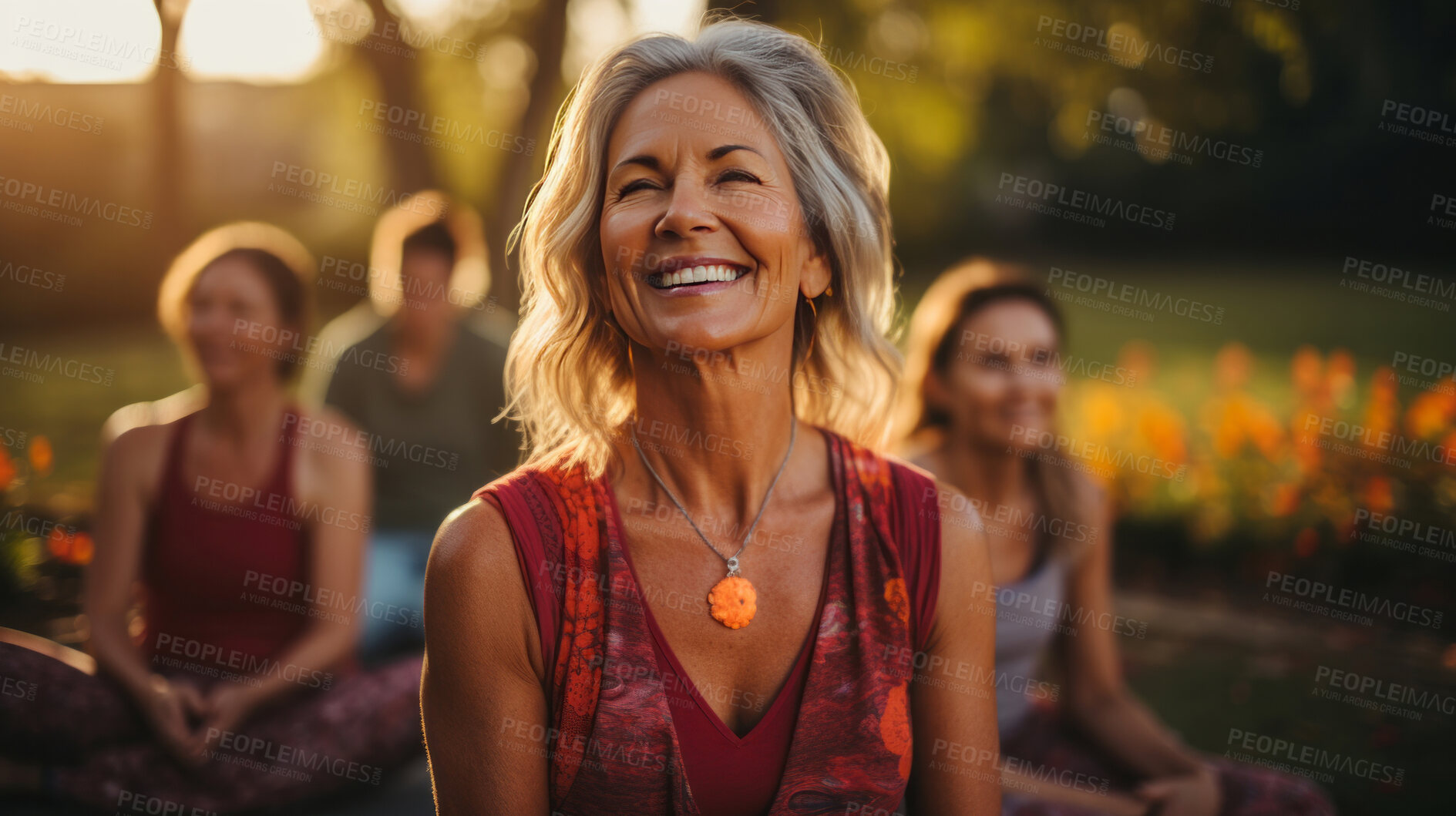 Buy stock photo Candid shot of happy senior woman doing yoga in sunset. Lifestyle concept.