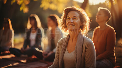 Buy stock photo Candid shot of happy senior woman doing yoga in sunset. Lifestyle concept.