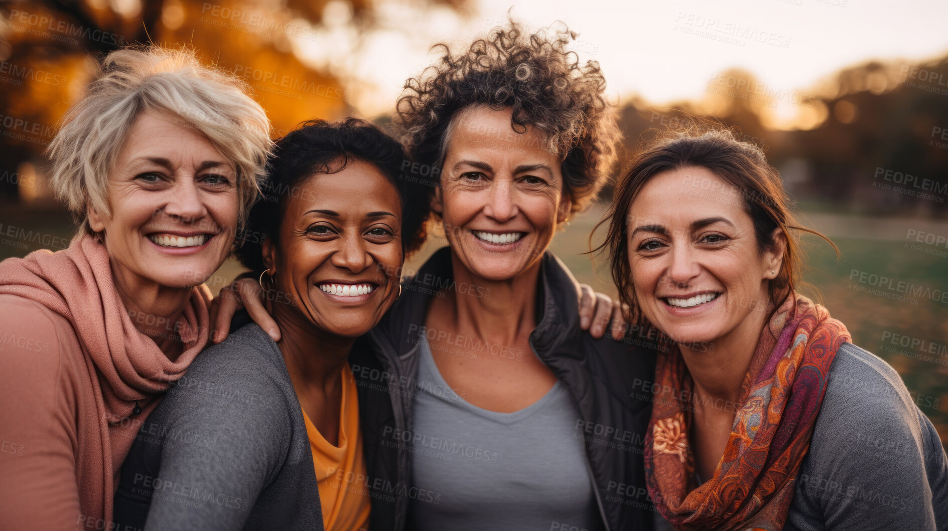 Buy stock photo Happy senior friends wearing sportswear, posing in park. Lifestyle concept.