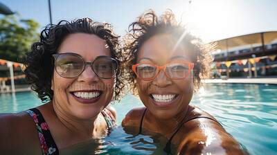 Buy stock photo Selfie of group of senior women in pool on vacation. Happy friends on holiday.