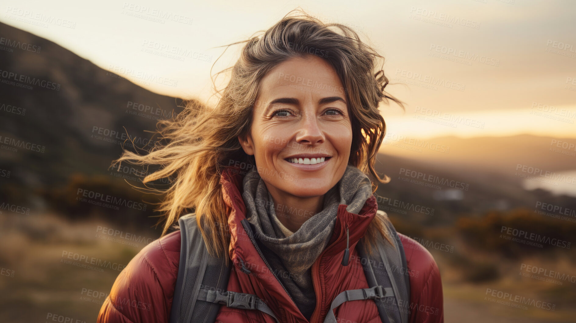 Buy stock photo Close-up portrait of woman smiling at camera during hike. Sunset or sunrise.