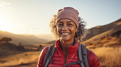 Buy stock photo Close-up portrait of woman smiling at camera during hike. Sunset or sunrise.