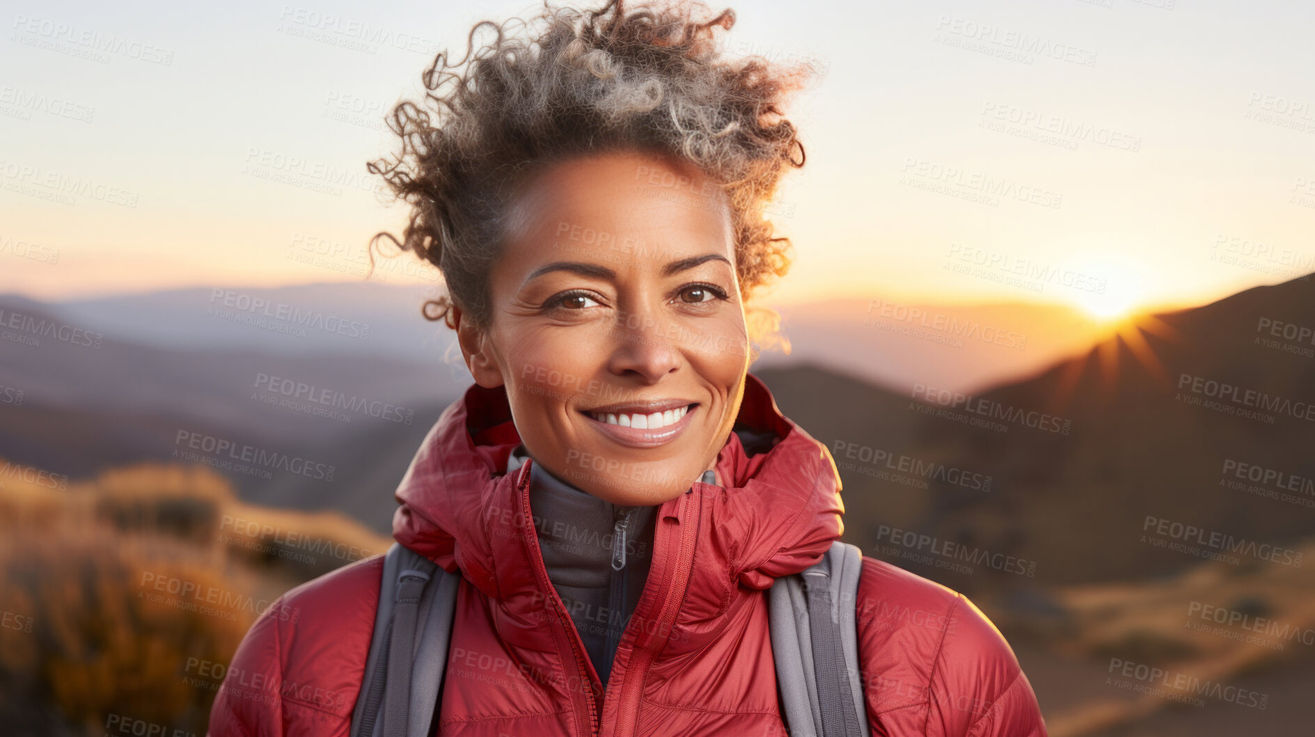 Buy stock photo Portrait of woman smiling at camera during hike. Sunset or sunrise.