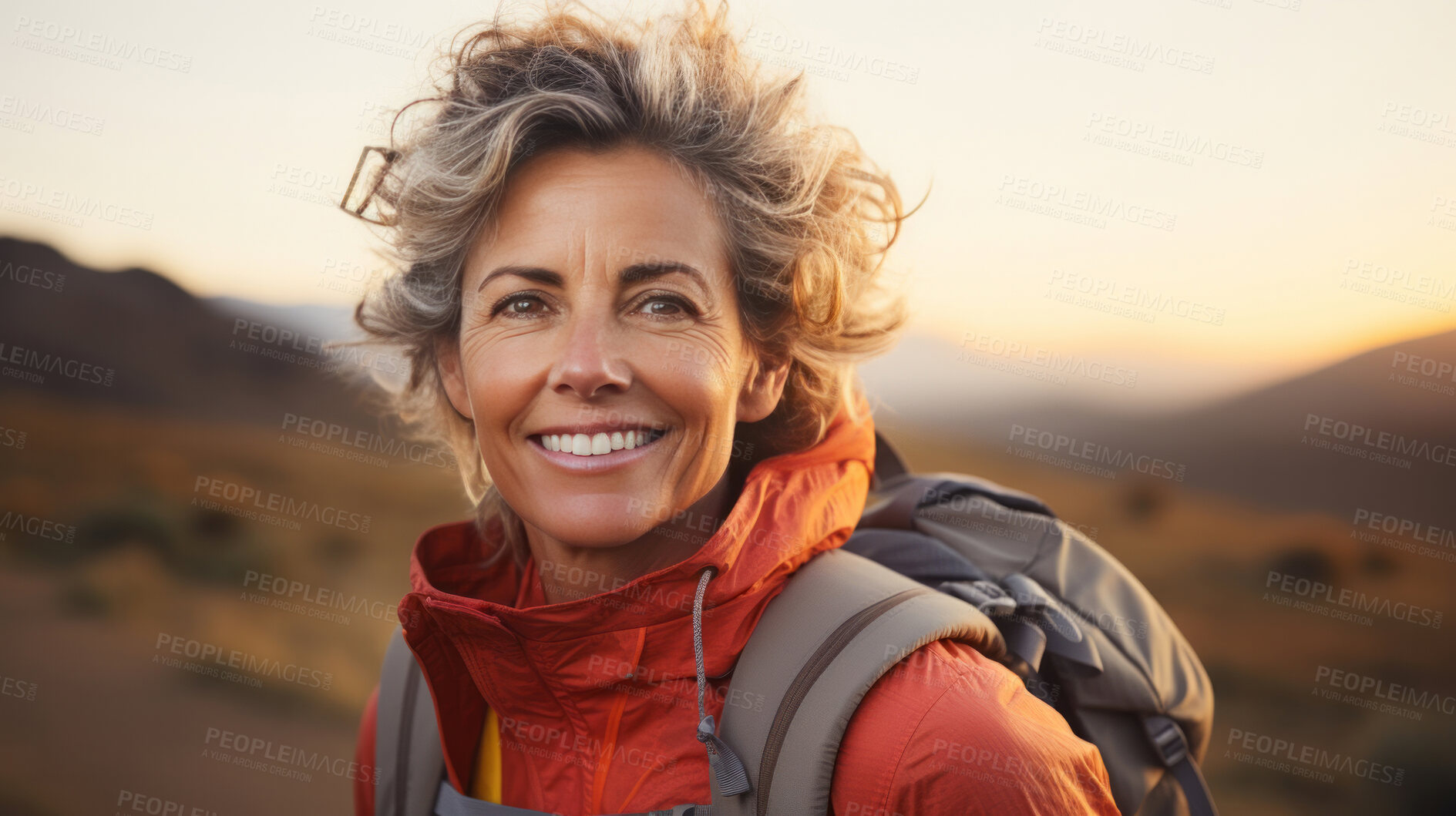 Buy stock photo Portrait of woman smiling at camera during hike. Sunset or sunrise.