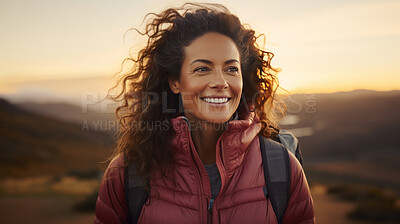 Candid shot of woman smiling during hike. Sunset or sunrise.