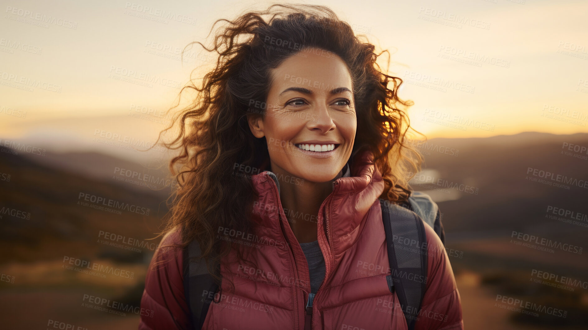 Buy stock photo Candid shot of woman smiling during hike. Sunset or sunrise.