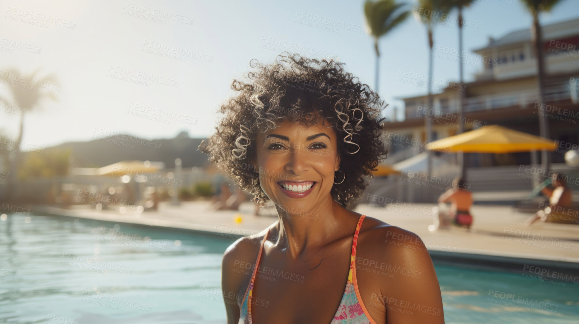 Buy stock photo Happy senior woman posing at poolside at holiday resort. Vacation concept.