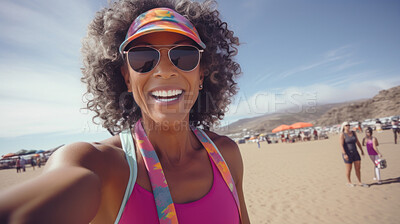 Buy stock photo Happy senior woman taking selfie on beach. Vacation concept.