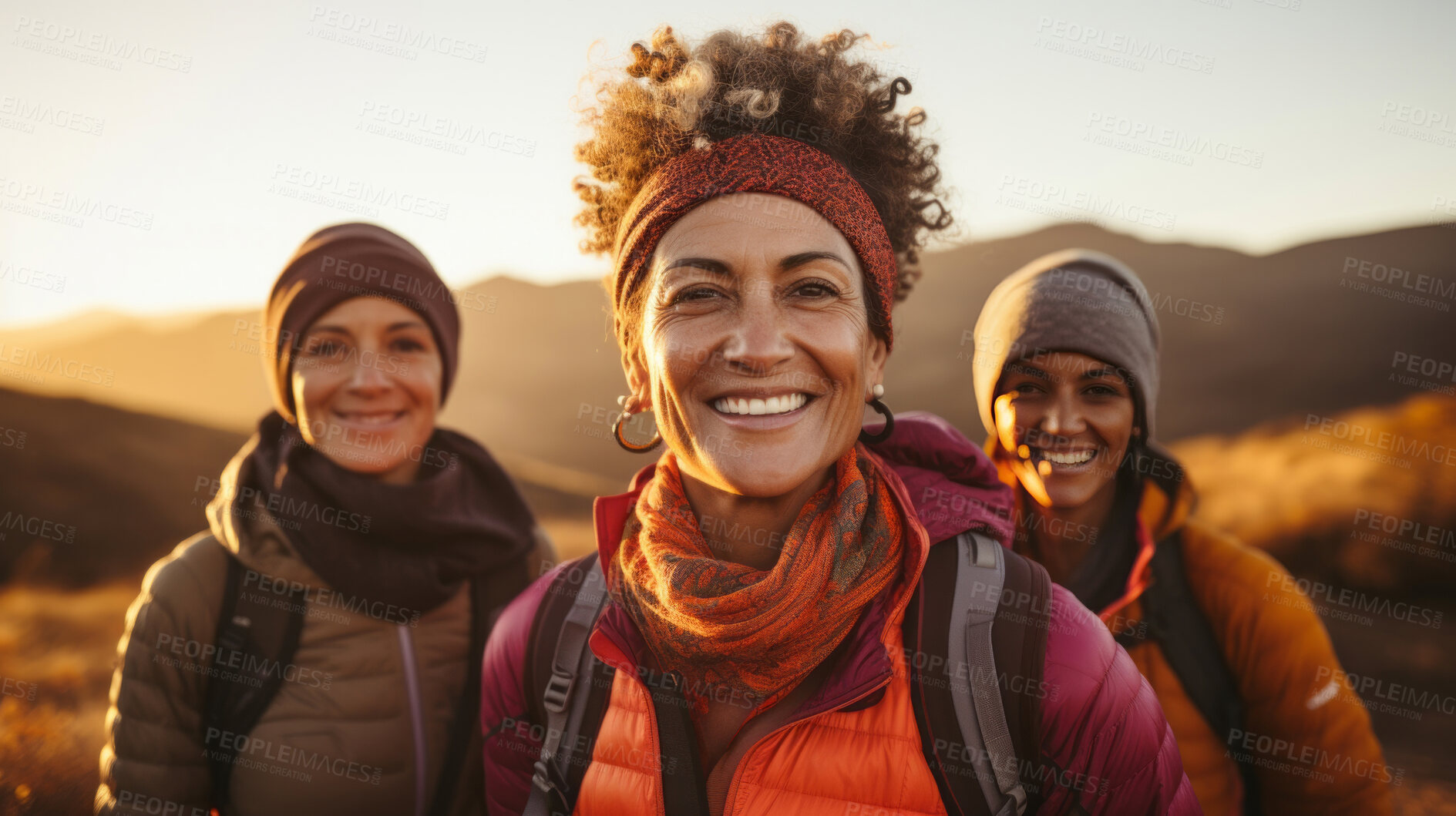 Buy stock photo Group of senior women posing  during sunset or sunrise hike. Healthy lifestyle concept.