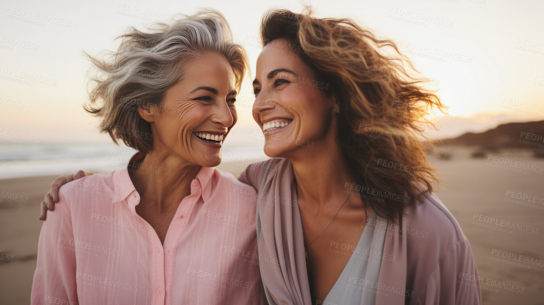Buy stock photo Close-up of happy senior friends walking on empty beach. Sunset, golden hour.