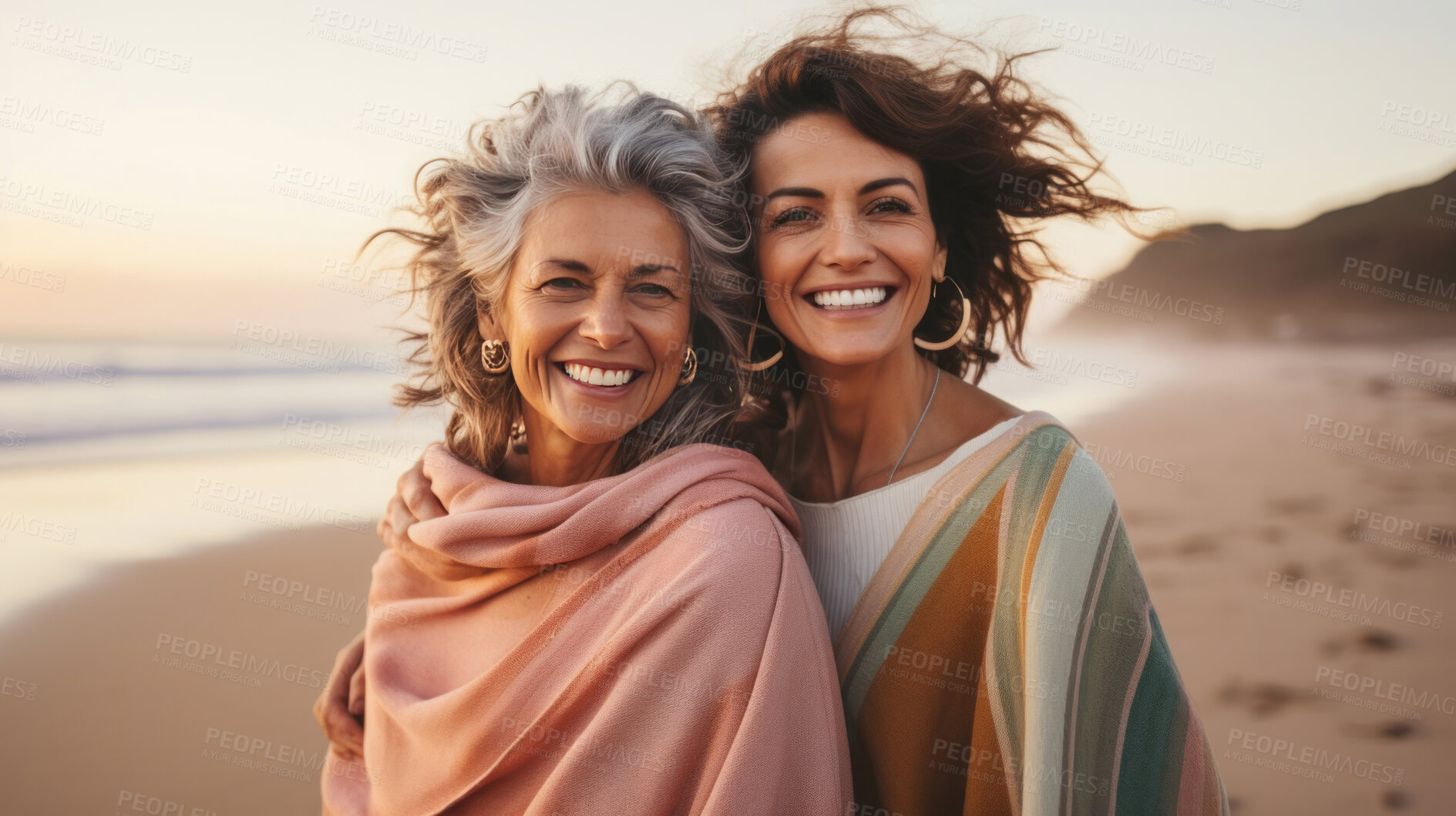 Buy stock photo Happy senior friends posing on empty beach. Sunset, golden hour.