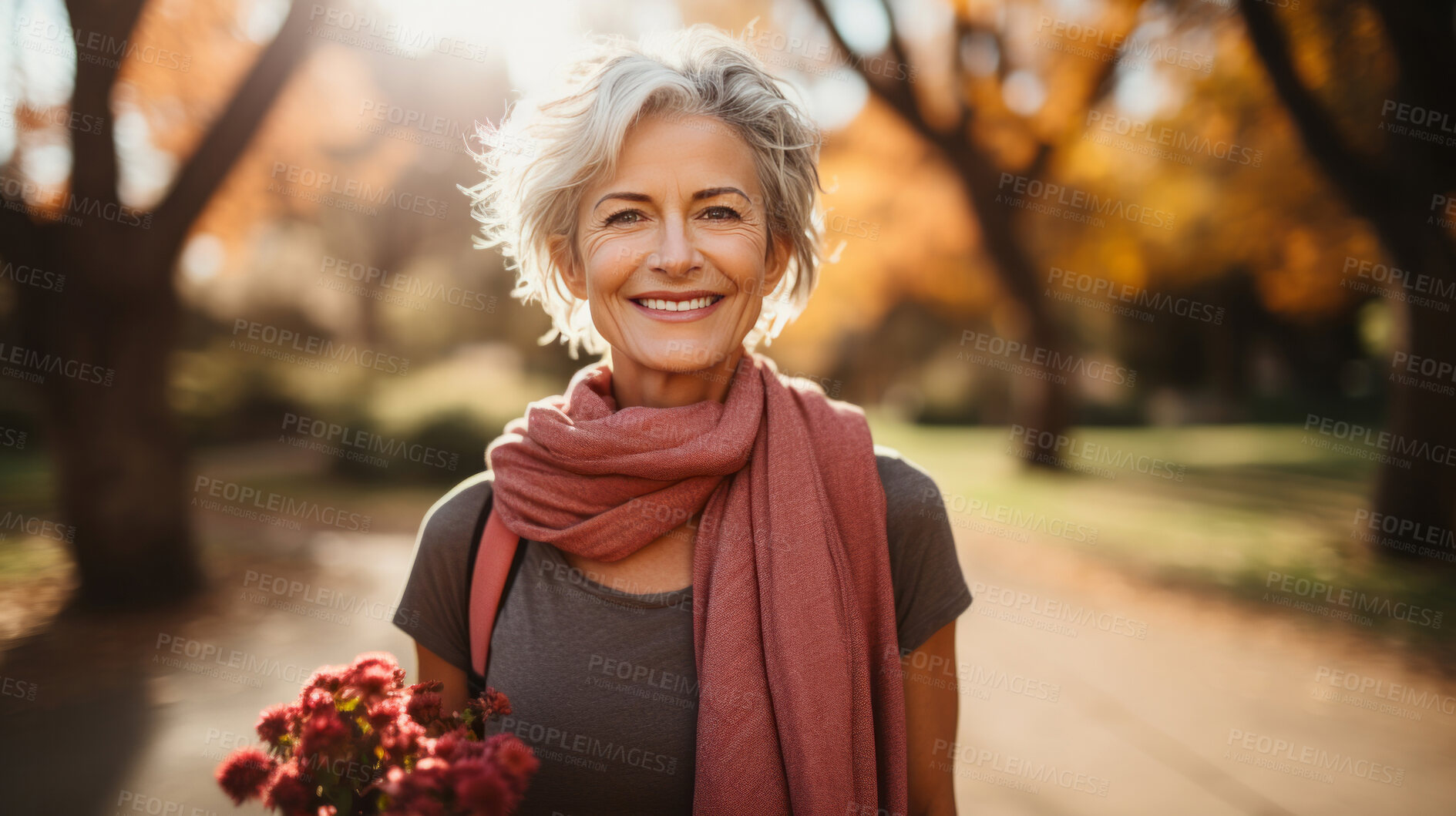 Buy stock photo Senior female walking in park holding flowers. Confident smile. Looking at camera.