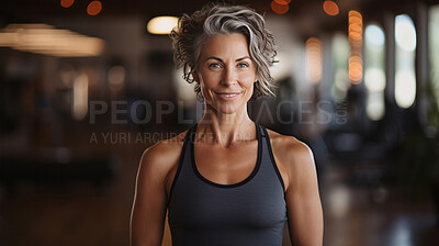 Buy stock photo Fit mature female posing in gym. Confident smile. Looking at camera.