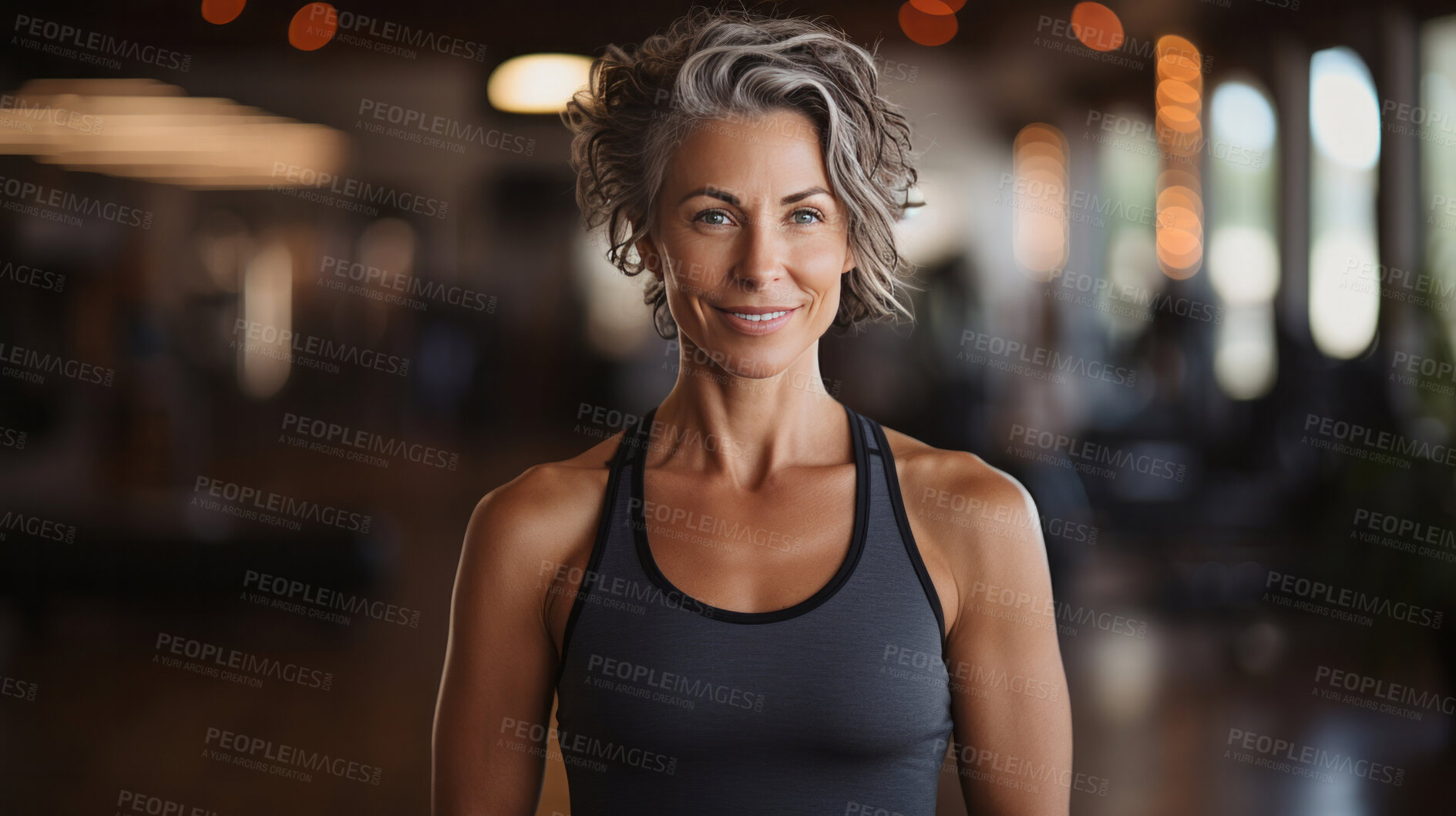 Buy stock photo Fit mature female posing in gym. Confident smile. Looking at camera.