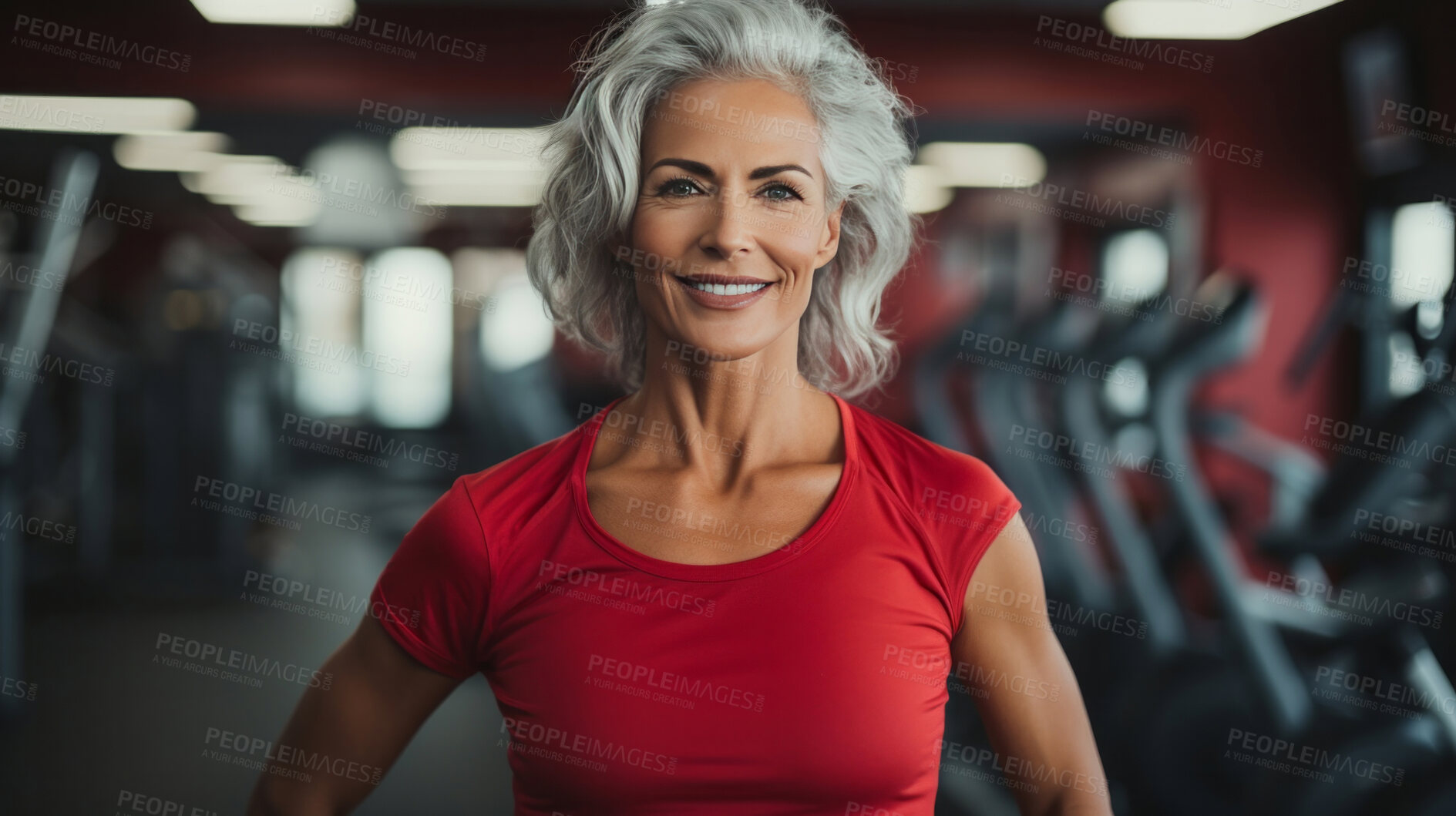 Buy stock photo Senior female posing in gym. Confident smile. Looking at camera.