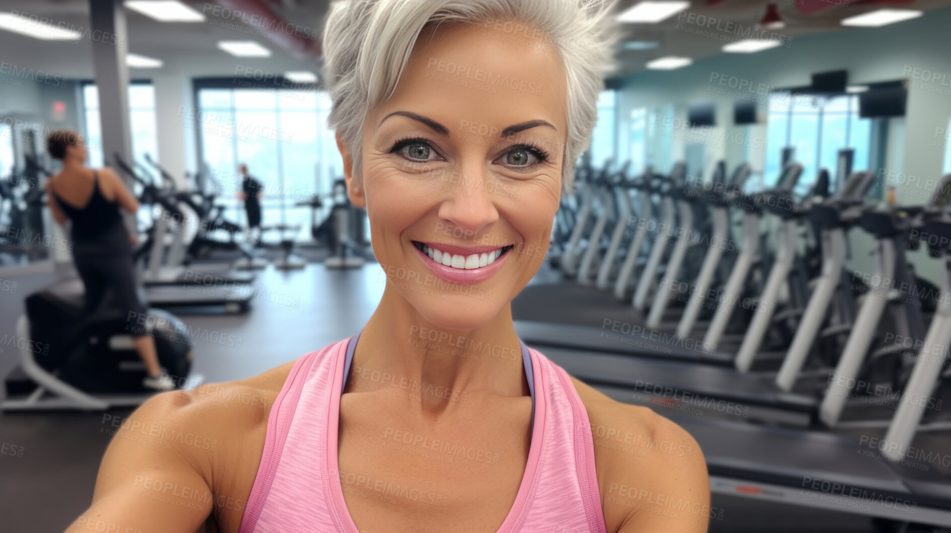 Buy stock photo Fit mature female selfie in gym. Confident smile. Looking at camera.