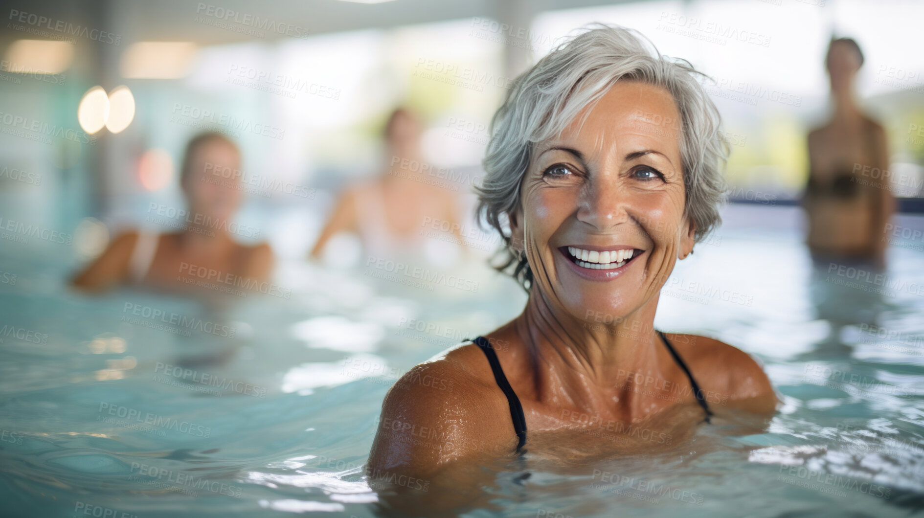 Buy stock photo Candid shot of happy senior woman in pool. Vacation concept.