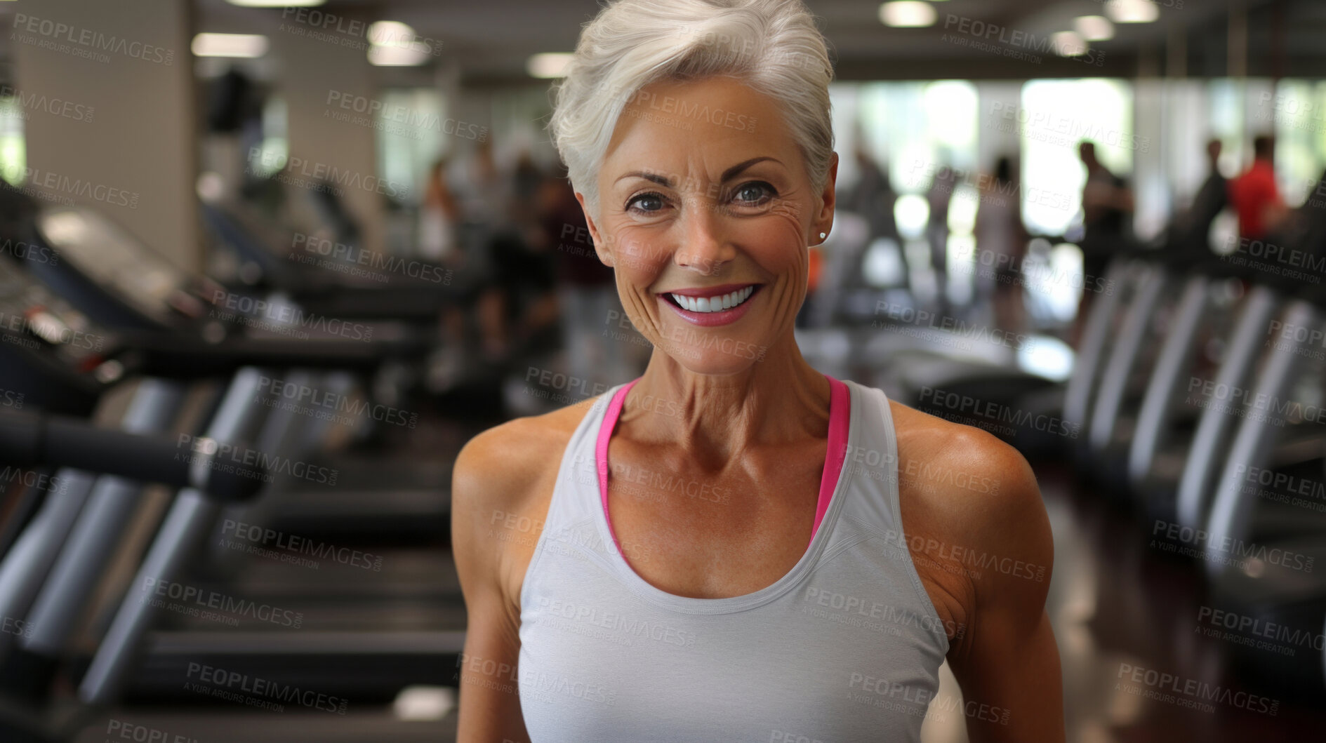 Buy stock photo Portrait of fit mature female in gym. Confident smile. Looking at camera.