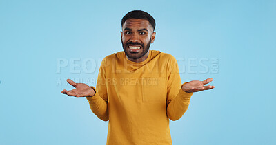 Buy stock photo Confused, hands and face of man in studio with don't know, gesture or ask on blue background. Why, portrait and guy model with oops, mistake or doubt, unsure or forget, guess or palm scale questions