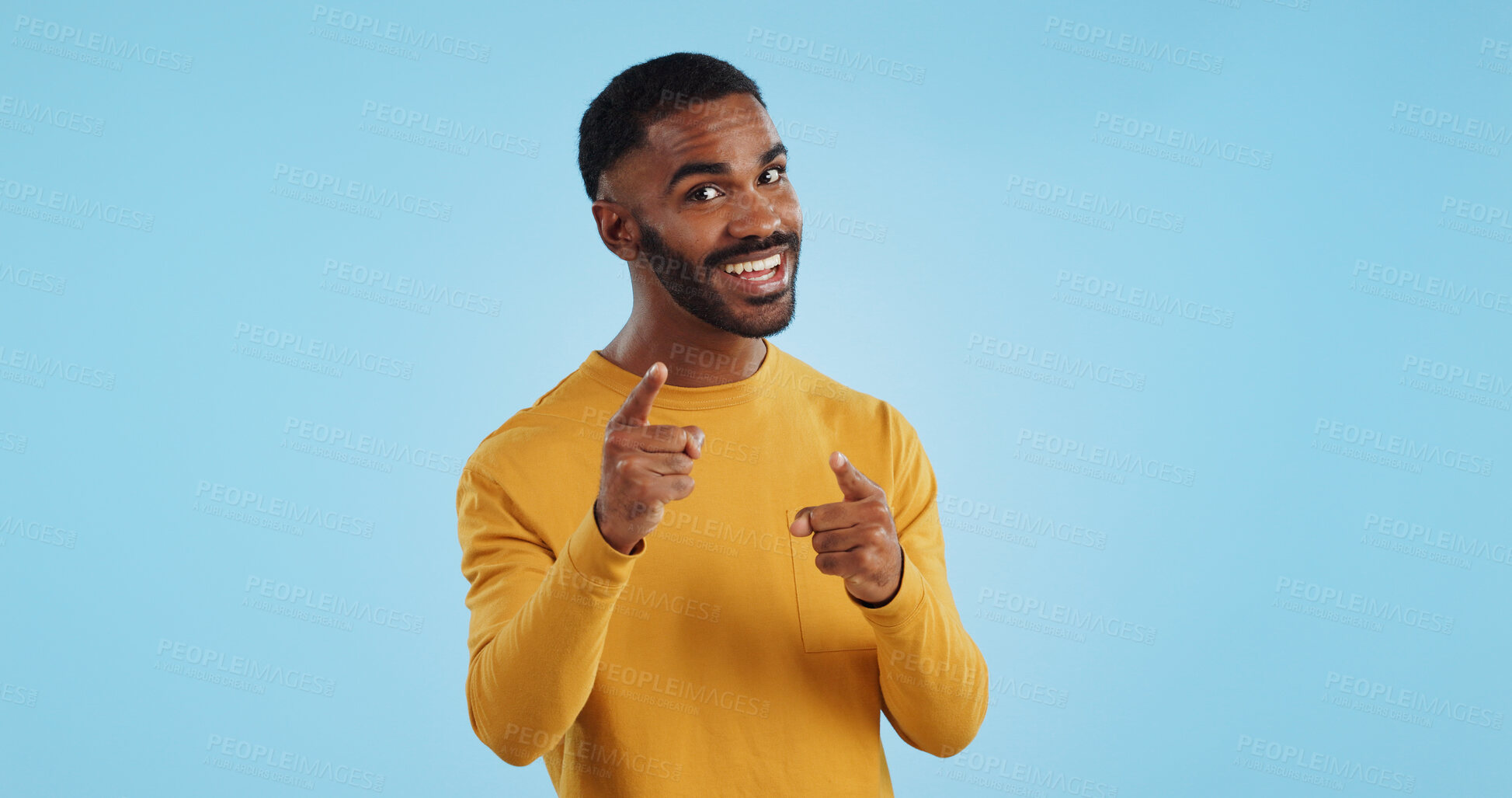 Buy stock photo Face, excited and black man pointing at you for decision, choice or selection in studio isolated on a blue background mockup space. Portrait, hand gesture and person hiring, recruitment or invitation