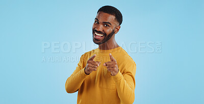 Buy stock photo Face, excited and black man pointing at you for decision, choice or selection in studio isolated on a blue background mockup space. Portrait, hand gesture and person hiring, recruitment or invitation