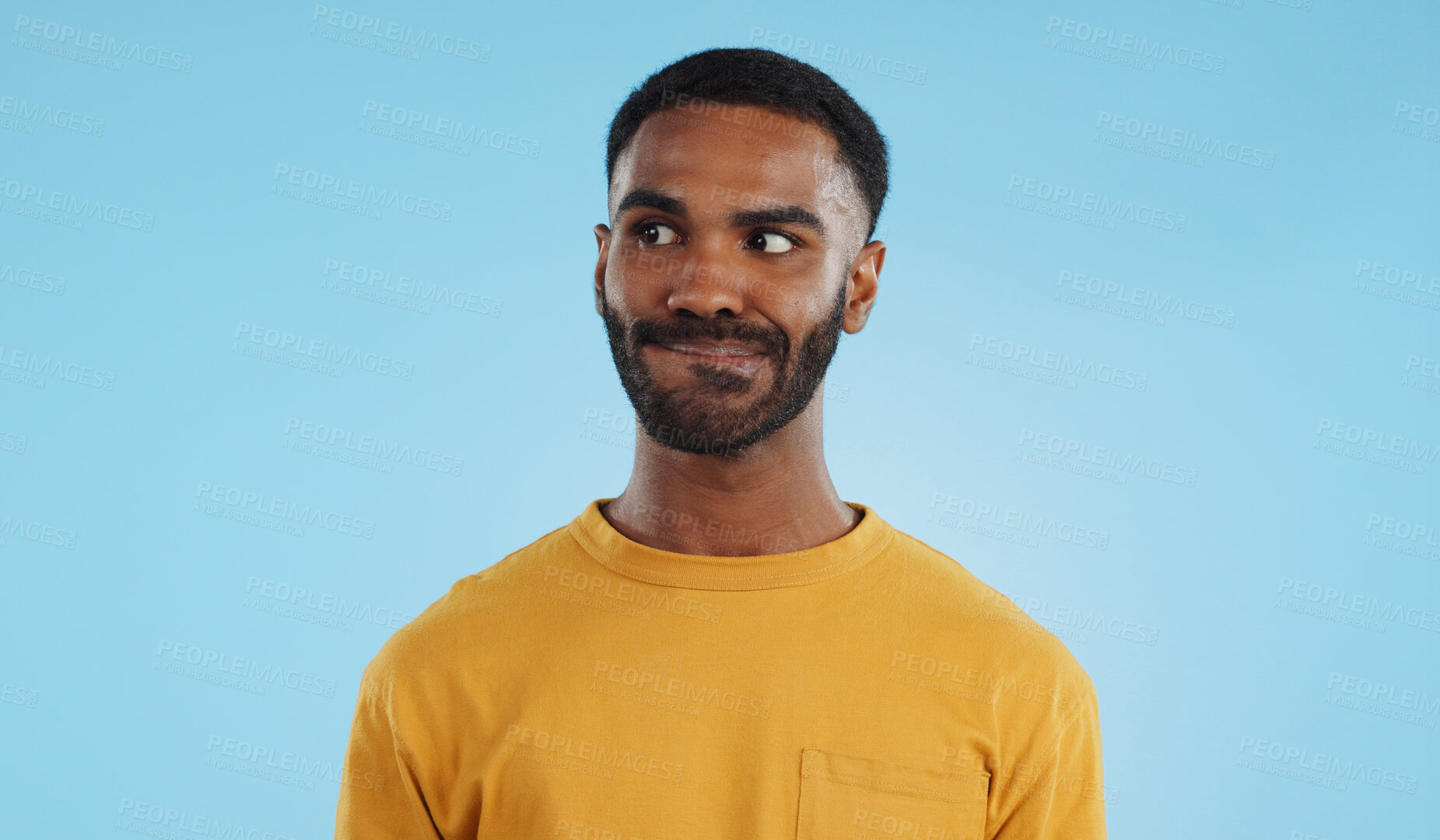 Buy stock photo Thinking, anxiety and stress of black man in studio isolated on a blue background mockup. Challenge, fear and scared person worry for financial crisis, bankruptcy and doubt mistake, nervous and fail