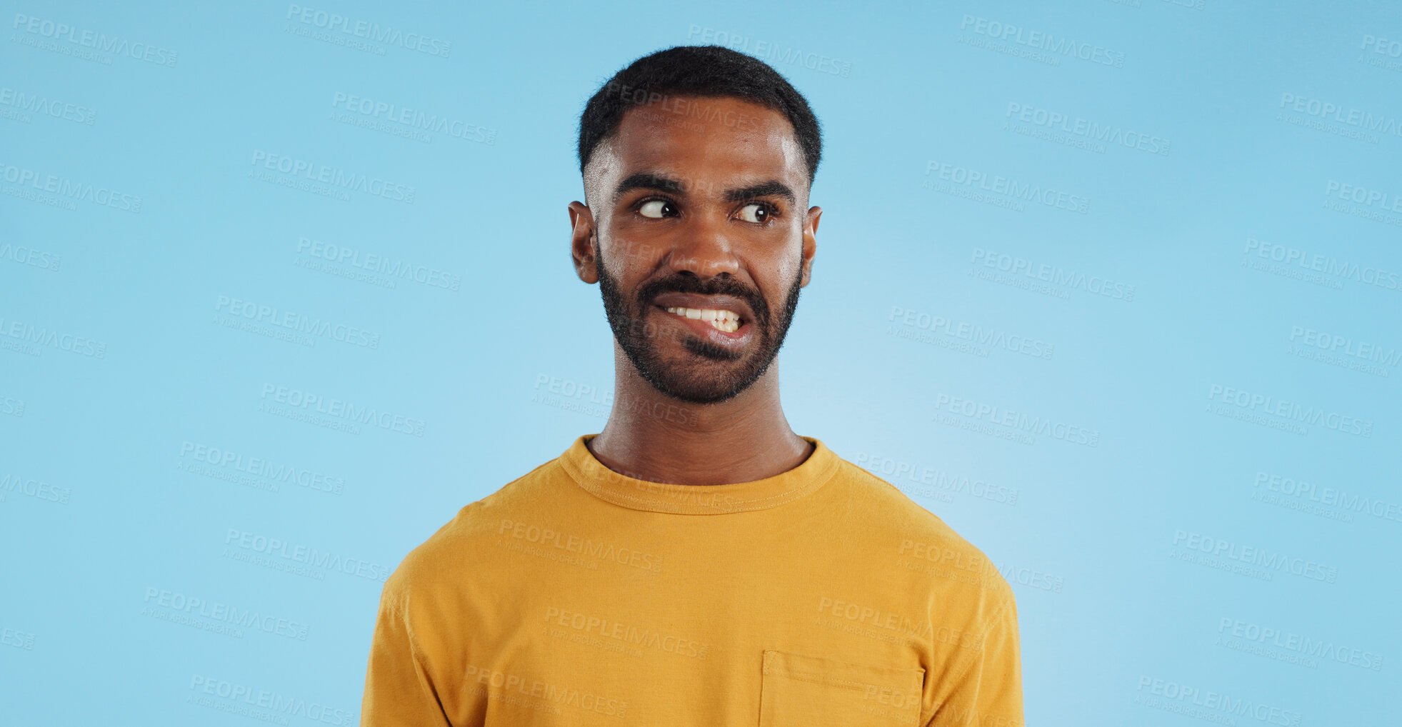 Buy stock photo Thinking, anxiety and stress of black man in studio isolated on a blue background mockup. Challenge, fear and scared person worry for financial crisis, bankruptcy and doubt mistake, nervous and fail